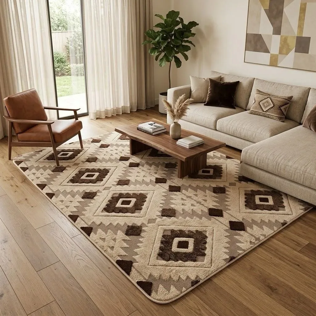 ALFOMBRA TIPO GOLDEN ESTILO AZTECA BEIGE CAFÉ