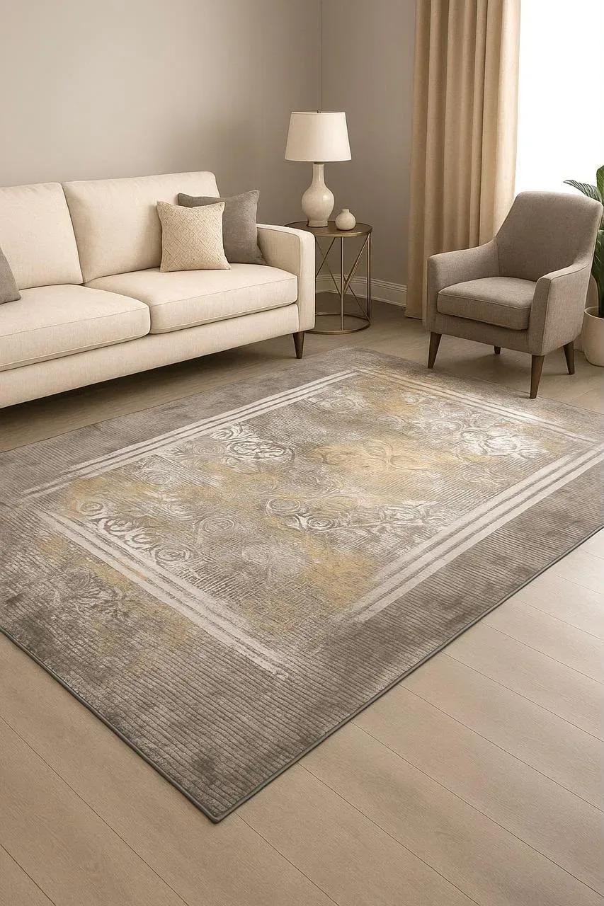 ALFOMBRA TIPO PERSA VINTAGE FLORAL GRIS Y ORO