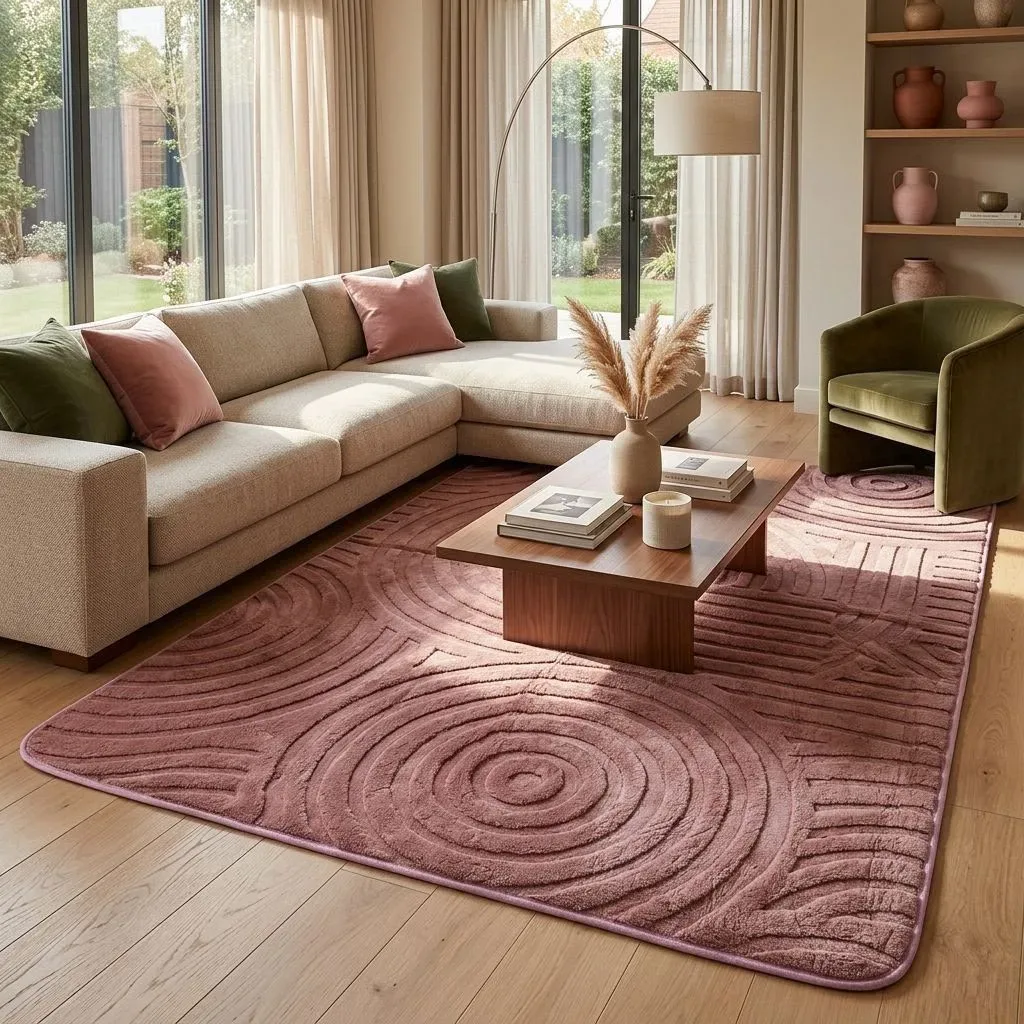 ALFOMBRA TIPO GOLDEN ROSA TEXTURA CÍRCULOS ZEN