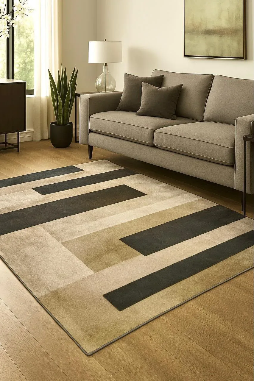 ALFOMBRA TIPO PERSA GEOMÉTRICA BLOQUES CAFÉ Y BEIGE